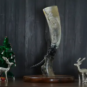 Viking Drinking Horn with Stand Hand Engraved Unique Food Safe Natural Shine Finish Valentine's Day Gift Bag for Men Women Large Authentic Ox Horn