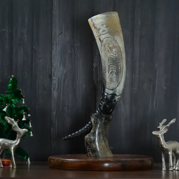 Viking Drinking Horn with Stand Hand Engraved Unique Food Safe Natural Shine Finish Valentine's Day Gift Bag for Men Women Large Authentic Ox Horn