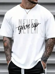 Men's Loose Stretch Letter Print Round Neck Drop Shoulder Tee, Casual Short Sleeve Crew Neck T-shirt for Summer, Fashion Men's Top for Daily Wear