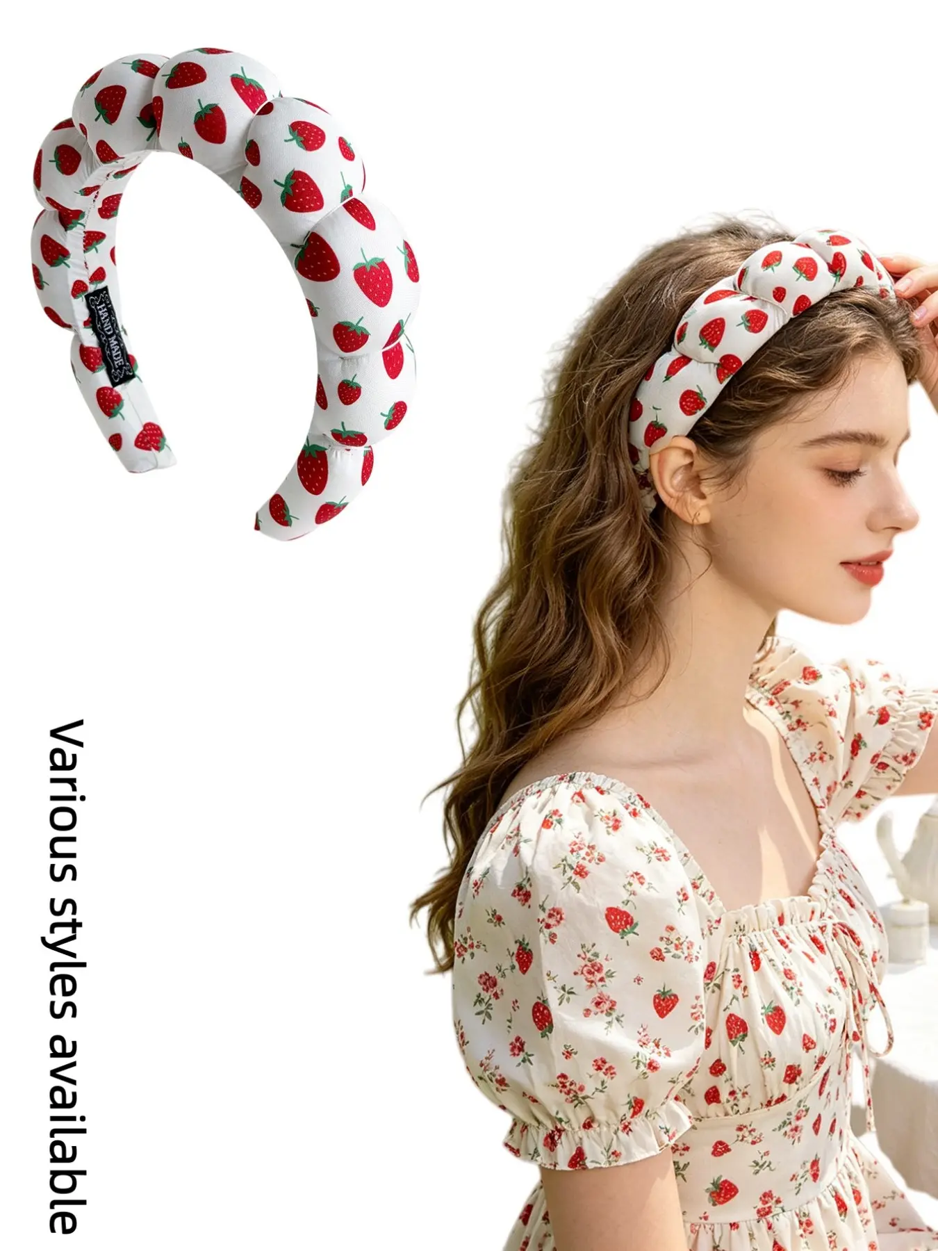 Women's Strawberry & Cherry Print Headbands, Strawberry Pattern, Bubble Filled Fabric, Korean Sweet Style, Non-Slip Volume Headband, Comfortable Daily Use