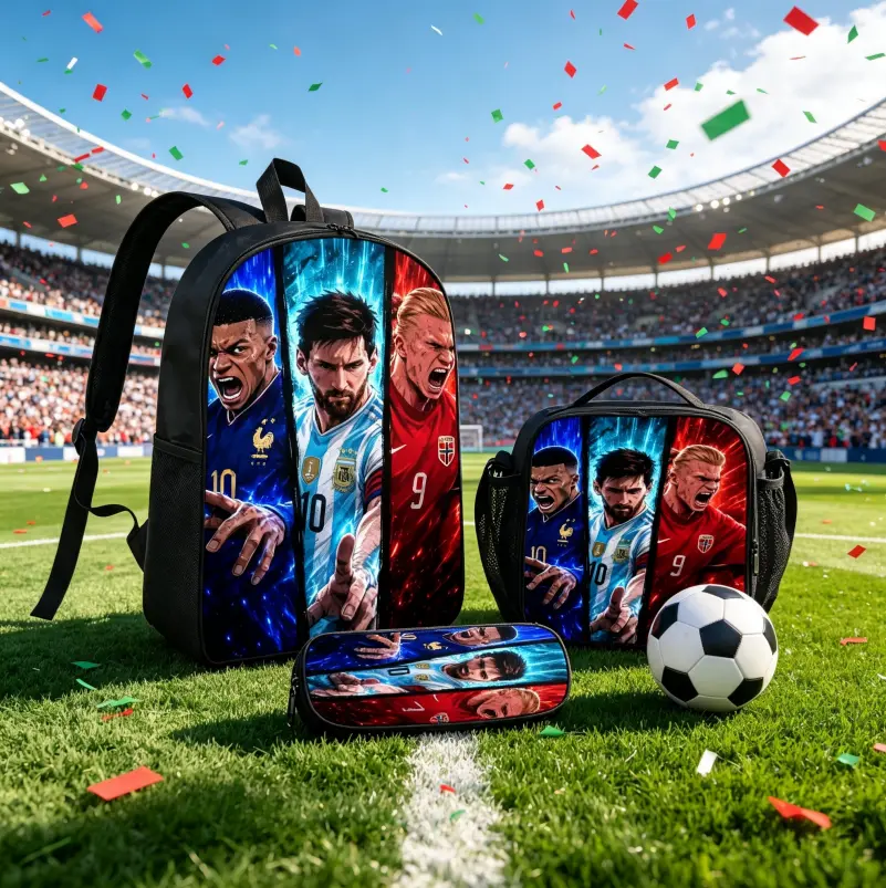 Soccer Backpack for Boys Football School Bag 3 in 1 Set with Insulated Lunch Box Pencil Case Star Player Sports Bookbag Lightweight Waterproof Kids Teen Student Elementary Outdoor Travel Daypack (Blue Red)