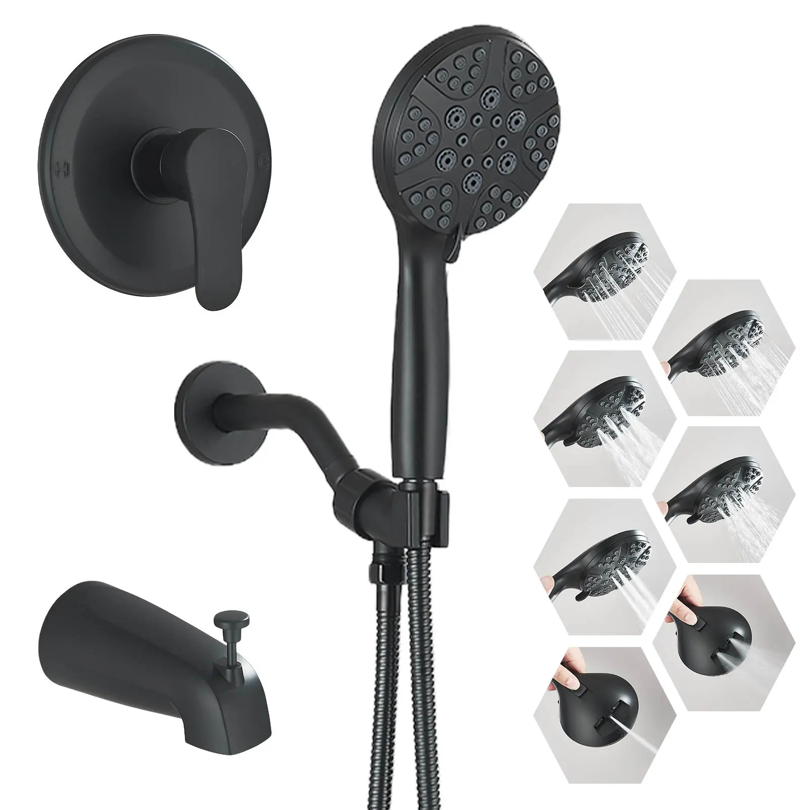 Tub Shower Faucet Set With 7 Modes Handheld Sprayer, Matte Black Shower Head And Handle Set Shower System With Tub Spout Shower Handheld Shower Fixtures Tub And Shower Trim Kit, Single Handle Set For Bathroom