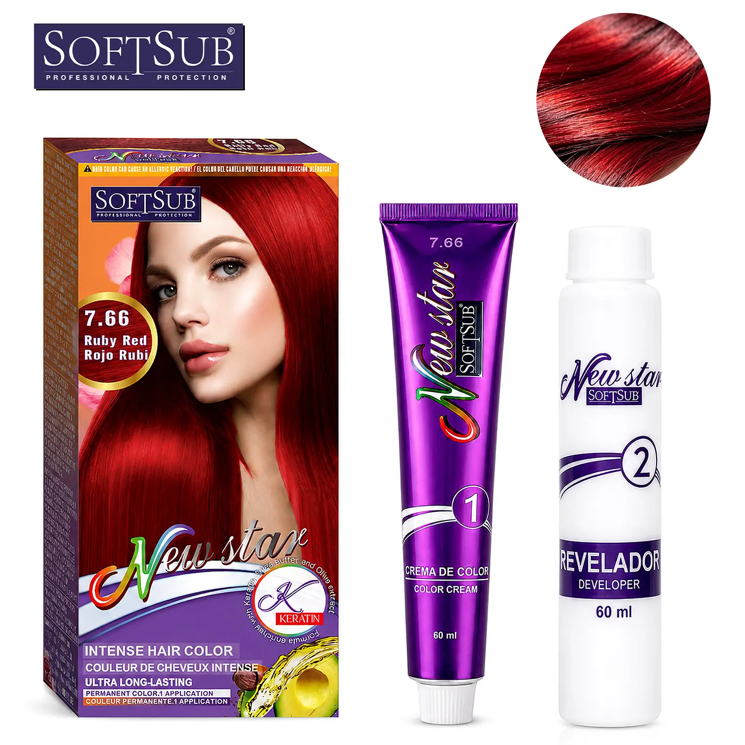 SOFTSUB Ruby Red Permanent Hair Color Cream Kit, 120ml with Color Cream & Developer, Keratin & Hyaluronic Acid, Rich Ruby Red Shade, Easy At-Home DIY Coloring,hair transformation