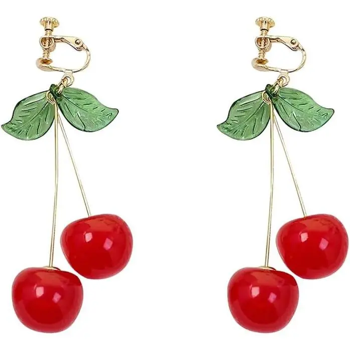 Cute Cherry Clip On Fruit Dangle Earrings for Women Hypoallergenic Funny Sweet 3D Red Cherry Green Leaf Ear Clips Dangling Drop Acrylic Lightweight Earring Lovely Creative No Piercing Ears Jewelry Christmas Gifts Daughter