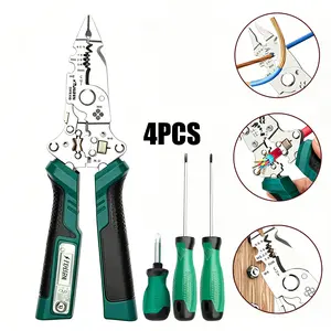 4PCS 8 in 1 Automotive Wire Stripper Tool – Electrician Pliers with Voltage Tester, Wire Cutter & Twister for Car Electrical Repair, Home DIY, Professional Mechanic Kit + 3 Screwdrivers