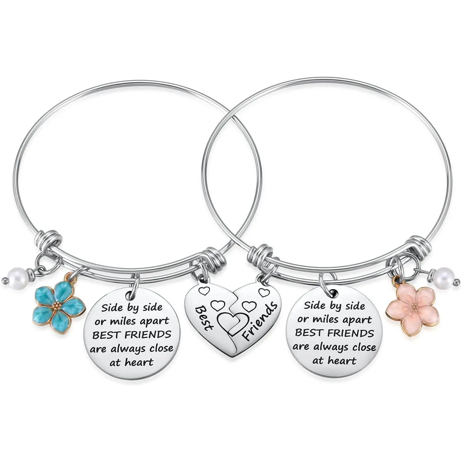 Friendship Bracelet Set of 2 for  Friends,  Friend  for 2 Teen Bestie, Long Distance Bff Matching Heart Bangle for Valentines Day Birthday Christmas