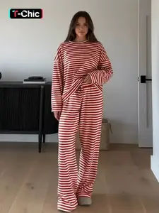 Women's Striped Casual Set, Long Sleeve Loose T-Shirt and Pants, Spring and Fall Home Wear, Leisure and Sports