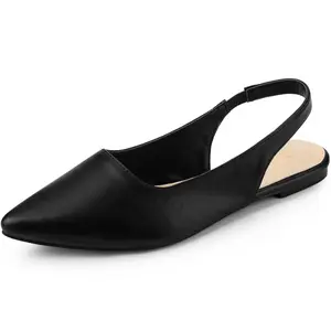 BLISSFUL STEP Faux Leather Pointed Toe Pumps Slingback Flat Pumps Black