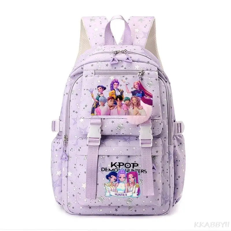 17 Inch Lavender Star Printed KPOP Cartoon Backpack, Women Travel Daypack With Adjustable Strap, Plush Pendant Zipper School Bookbag