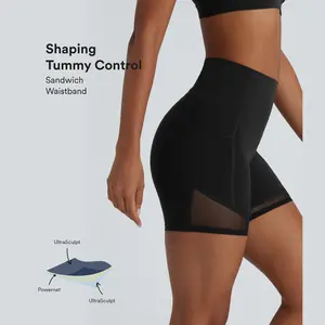 Halara UltraSculpt High Waisted Tummy Control Pocket Contrast Mesh Shaping Workout Biker Shorts 5''