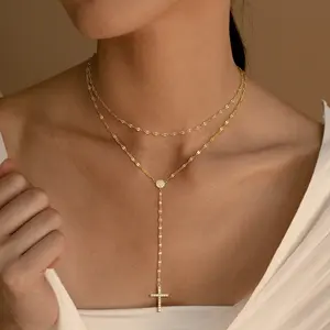 Tewiky Minimal Dainty Cross Earrings Layered Bar Pendant Neckalce Gold Long Y-Necklace Gold Earrings and Necklaces Set Delicate Lariat Chain Easter Jewelry for Women