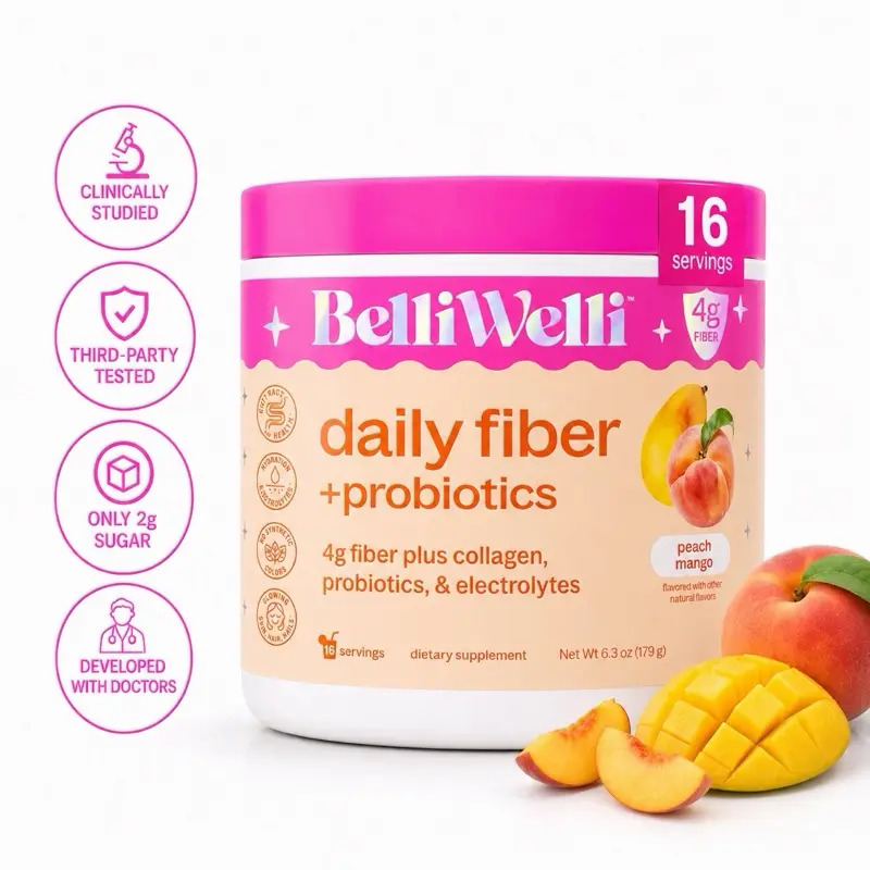 BelliWelli Daily Fiber + Probiotics + Collagen - Peach Mango Health Supplement Fitness BelliWelli Daily Fiber + Probiotics + Collagen - Peach Mango Health Supplement Fitness