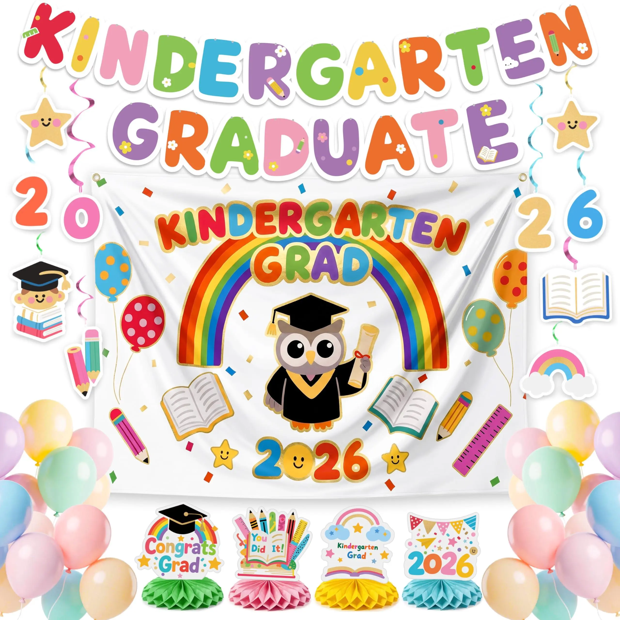 PartyWoo 2026 Kindergarten Graduation Decorations Kit, 40pcs Grad Party Supplies with Congrats Grad Backdrop Banner, Hanging Swirls, Latex Balloons, Graduation Cap Centerpieces