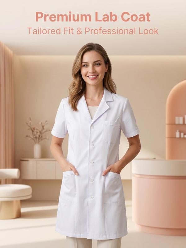 Women’s modest white basic anti-static breathable fabric lab coat — slant lapel, short sleeves, loose slimming fit, side slits, multiple pockets, front button closure; healthcare work uniform suitable for doctors’ offices; aesthetic summer workwear.
