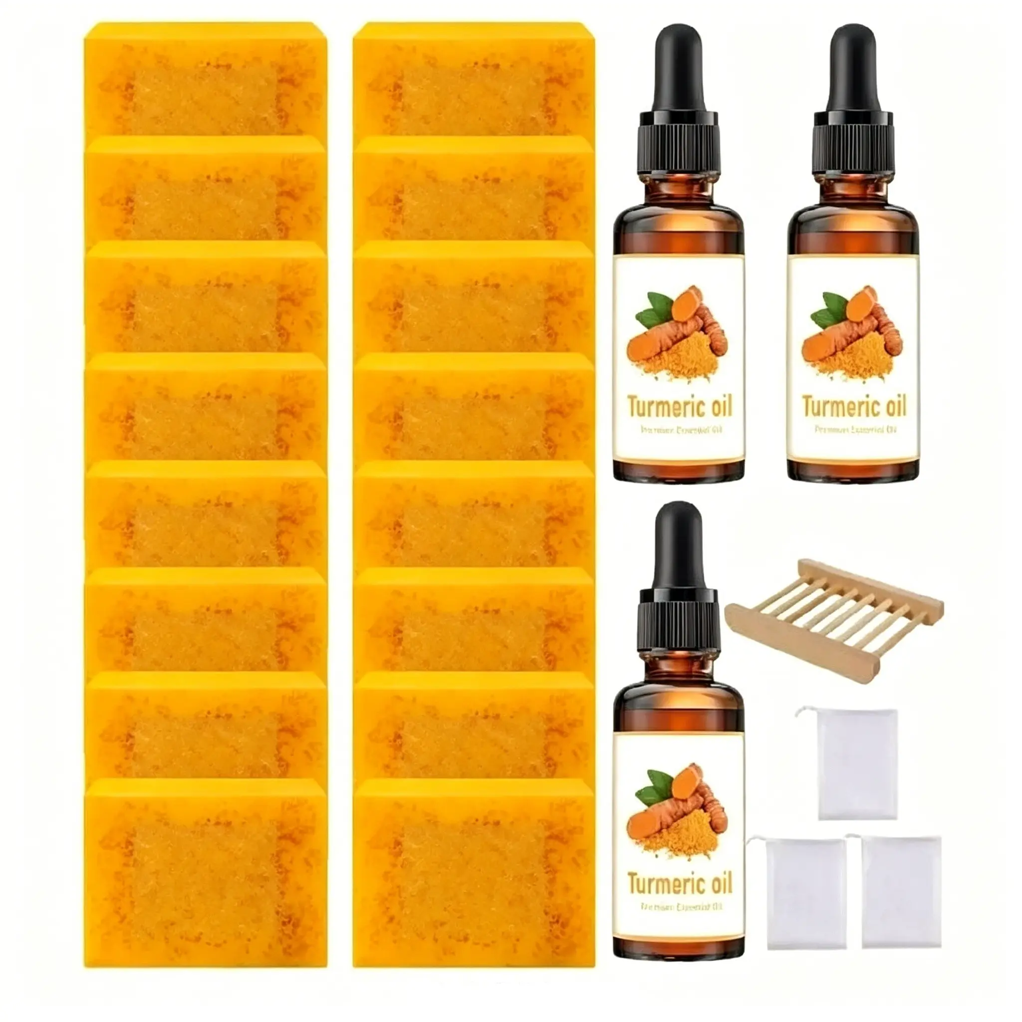 Turmeric Soap & Essential Oil Set, Turmeric Beauty Soap Bars & Essential Oil & Soap Saver Bag & 1 Count Soap Dish, Daily Skin Care Kit, Skin Repair, Comfort