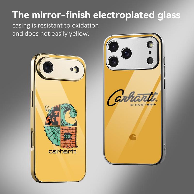 Famous Trend C-C-Carhartt Phone Case For iPhone 17 16 15 14 13 12 Pro Max Plus Electroplated Metal Bumper Case Slim Tempered Glass Back Shockproof Anti-Scratch Luxury Case Fashion Durable Stylish