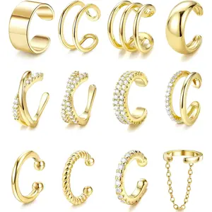 12Pcs Ear Cuffs Non Piercing - 14K Gold Plated Ear Cuff Earrings for Women Adjustable Earring Cuffs for Non Pierced Ears Clip on Cartilage Earring Fake Earrings Set