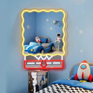 Cute Sponge Style Yellow Square Neon Mirror Light, Cartoon Funny Face Vanity Mirror with LED Glow, Ocean Theme Room Decor for Kids Girls Bedroom Playroom Gift, Aesthetic Mirror Lamp
