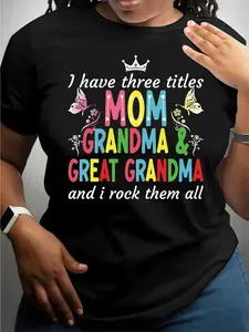 Women's Crew Neck Short Sleeve T-Shirt - "I Have 3 Titles: Mom, Grandma & Great Grandma" Colorful Letter Print with Floral & Butterfly Accents, 180gsm Fabric, All-Season Comfort, Machine Washable - Black Casual Top for Family Pride, Ladies Tshirts, Comfor