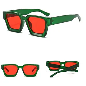 Red Tinted Lens Sun Frames Glasses Green Square Frames Double Beam Red Eye Glasses Geometric Irregular Frames, Steampunk Grunge Accessories
