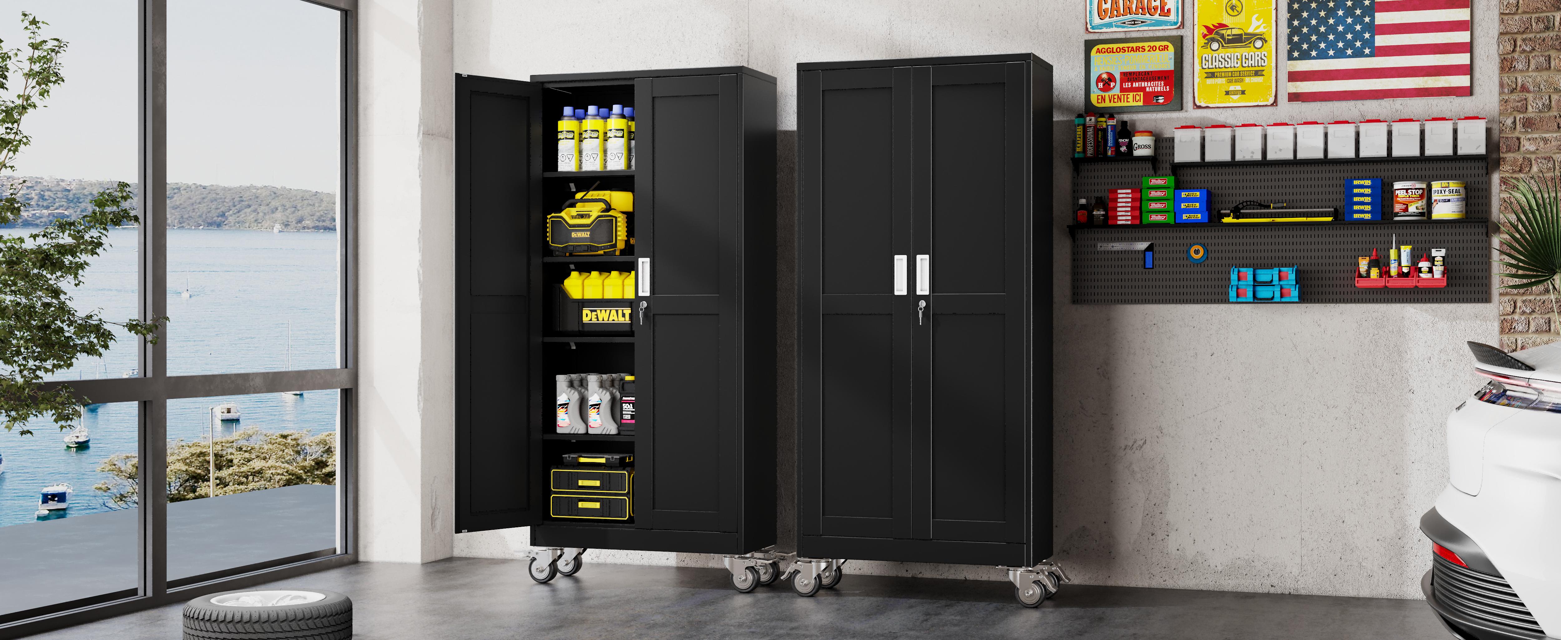 Heavy-Duty Metal Storage Cabinet with Wheels, 2-Door Steel File Cabinet with 5 Adjustable Shelves for Garage, Home Office & Warehouse