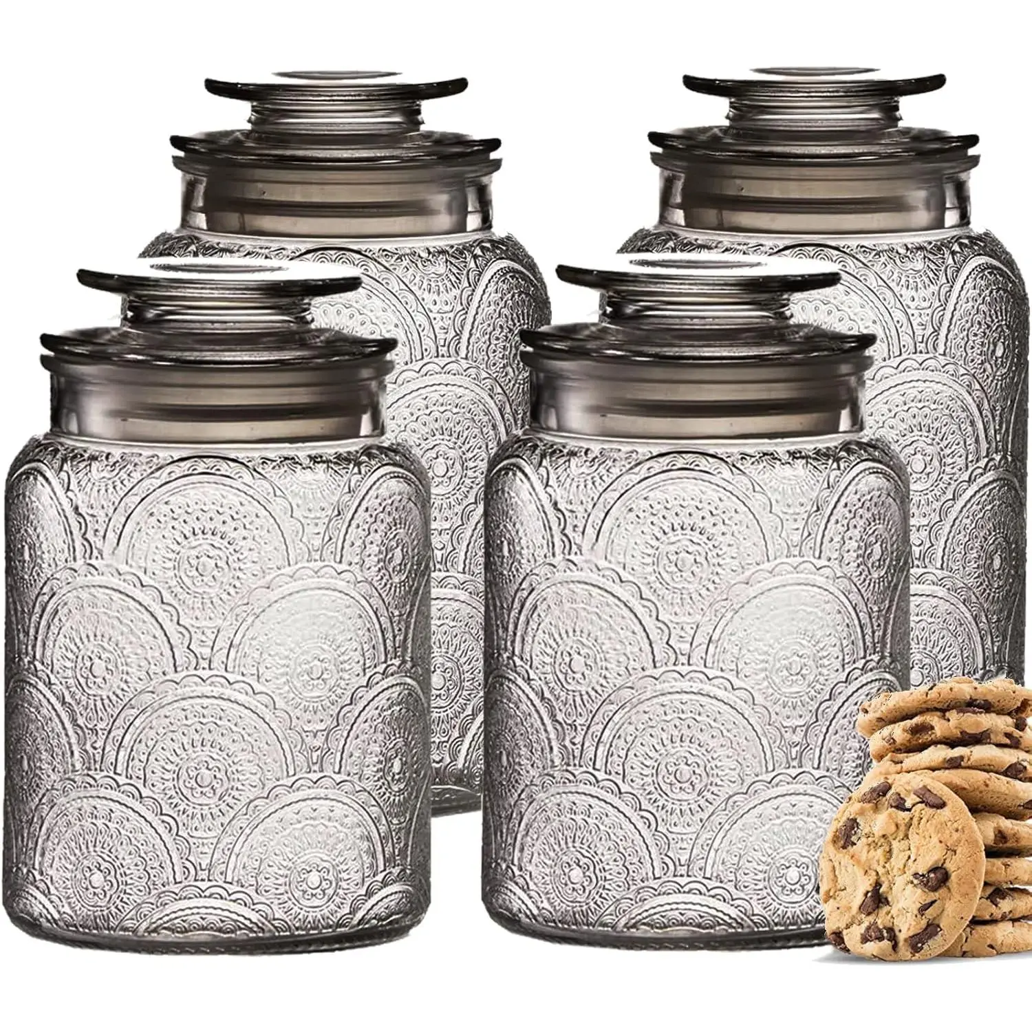 4 count Vintage Glass Canister Set with Airtight Lids - For Kitchen Food Storage and Organization