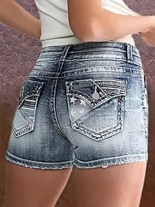 Women's Stretchy Jean Shorts Mid Waisted Twill with Pockets - Light Wash Cuffed Hem 5 Pockets Summer Denim Bottoms - Womenswear