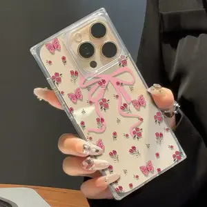 Pink bow for iphone 17ProMax/15/14 Square Simple Soft Rubber iPhone13/12 Mobile Phone Case,Anti-drop Clear Phone Case,Total Protective Shockproof Phone