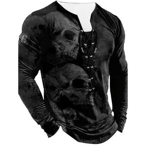 Men's Vintage Skull 3D Printed Long Sleeve Henley T-Shirt Spring Autumn Unique Fashion Streetwear Casual Gift