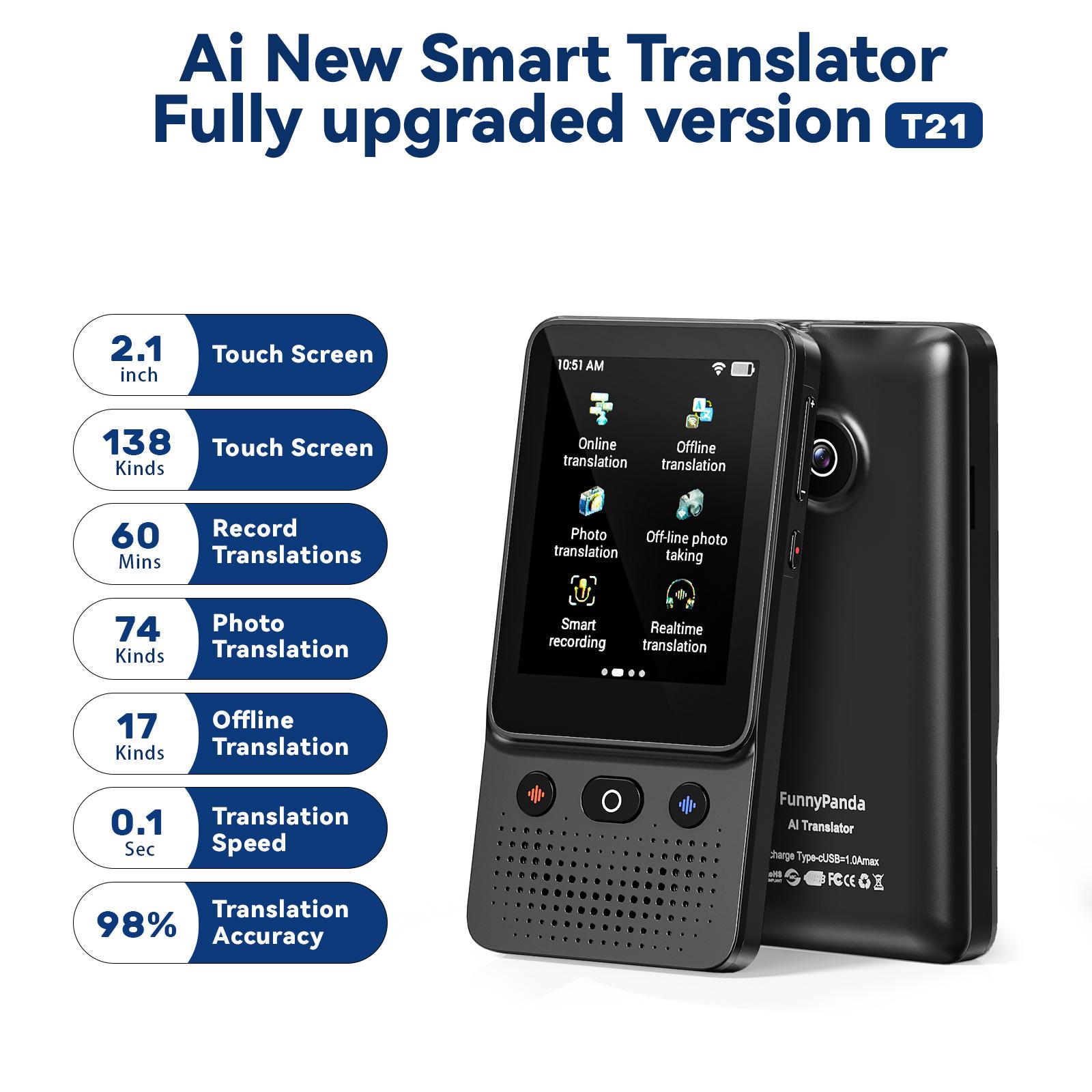 FunnyPanda AI Language Touchscreen Translator Device 138 Languages Real-Time Voice Photo Translation Offline Mode Touchs