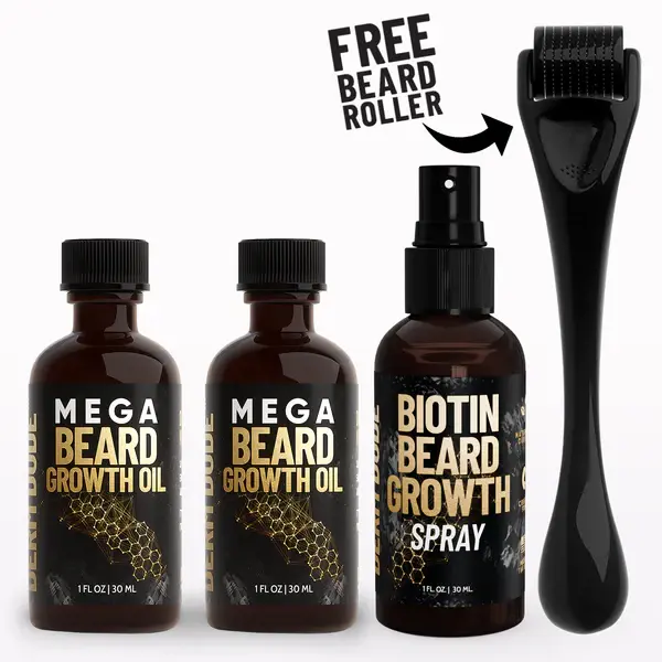 Derm Dude Mega Beard Growth Oil & Biotin Power Pack + Free Beard Growth Roller – Beard Kit for Patchy Beards Hair Care Comfort