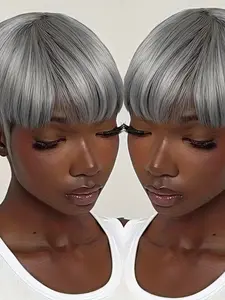 Silvery- Glueless Short Pixie Cut Wig with Bangs, 180% Density Remy Human Hair, Full Machine-Made Straight Hair, Perfect for Parties & Events, Pixie Wigs