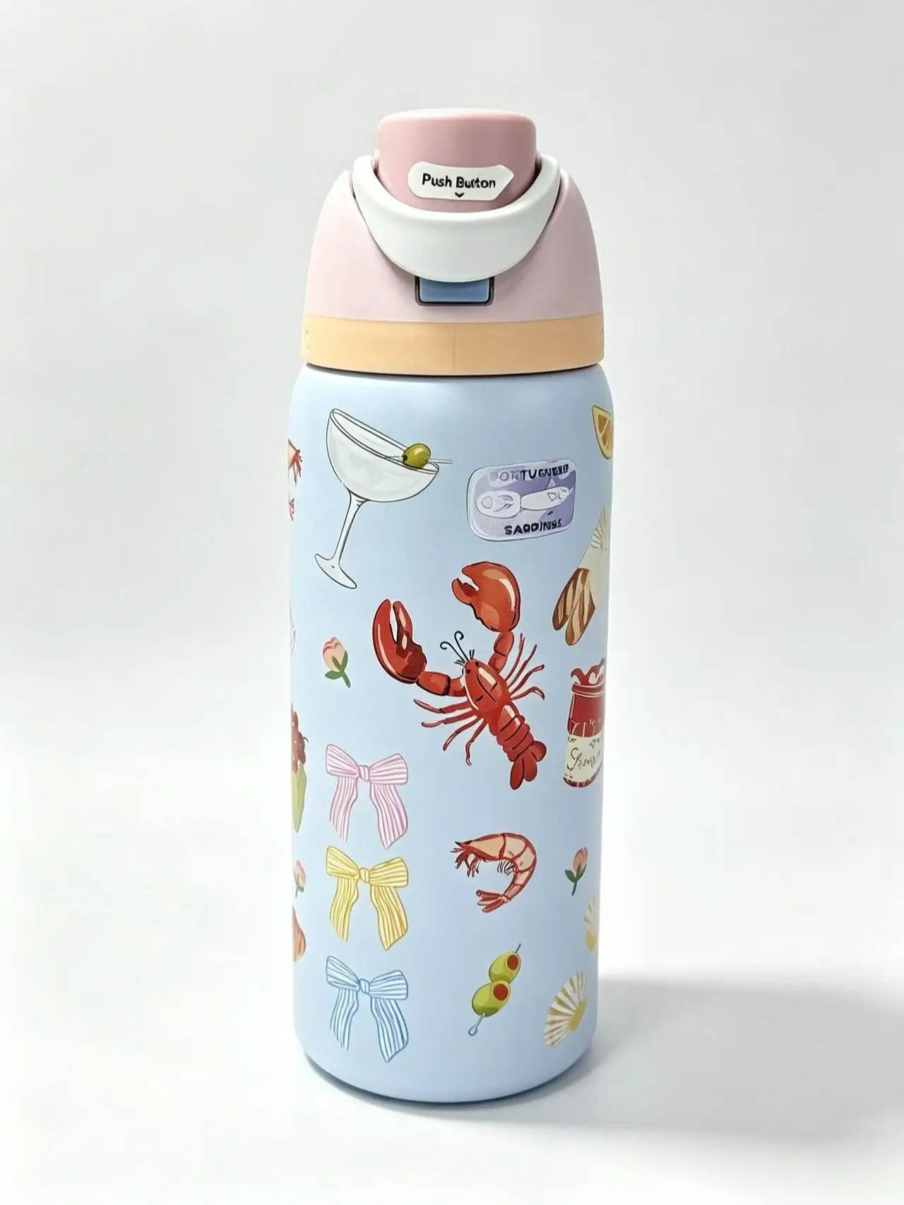 Owala 32oz Insulated Stainless Steel Tumbler Bottle - Stylish Vacuum Flask Drinkware with Lobster, Cocktail, Bow Prints, Leak-Proof Flip Lid, Ideal for Gym, Travel