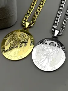 Stainless Steel Christian Archangel Saint Raphael Protect Us Pendant Necklaces for Women Men Gold Color Hip Hop Chain Cuban Link Necklace