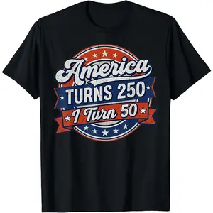100% Cotton Unisex America Turns 250 I Turn 50 Since 50th Birthday Retro T-Shirt