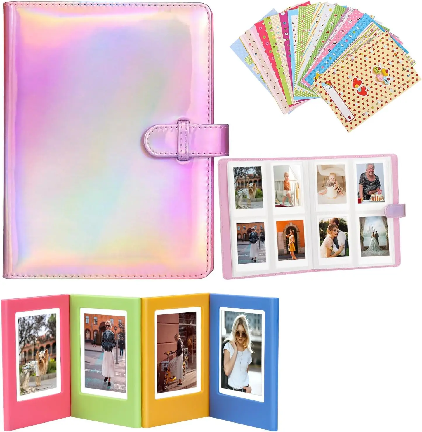 WALLFID Mini Photo Album 128 Pockets - 3 Colorful Magnetic Frame, 20 Film Stickers, Iridescent Pink, Fits Fujifilm/Polaroid Instax Mini Decor