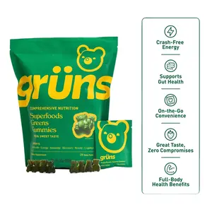 Grüns Superfood Greens Gummies (Low-Sugar): Comprehensive nutrition supplement with 60+ ingredients: Vitamins and Minerals, Prebiotics for Digestive Health, Adaptogens, Chlorophyll, Chlorella, Fruits and Vegetables, Gluten Free, Vegan, Third Party Tested