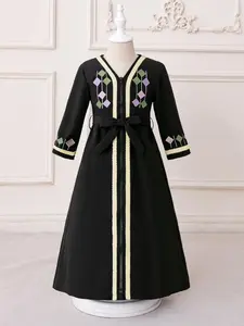 Toddler Girl's Embroidery Belted Dress, Elegant Long Sleeve A Line Dress for Party Wedding Guest, Kids Clothes for All Seasons, Toddler Pageant Dresses