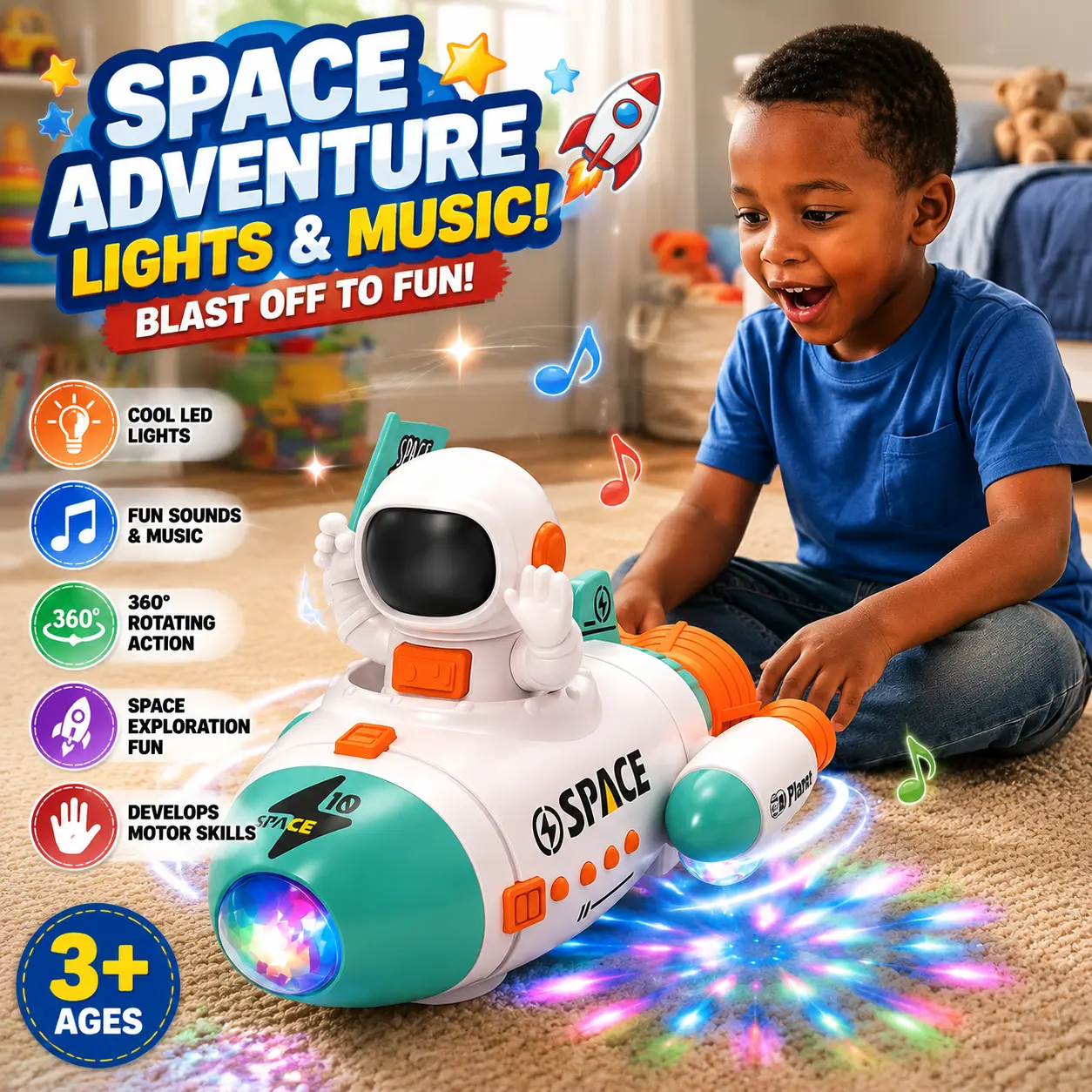 Kids Rocket Toy with LED Lights & Music – 360° Rotating Astronaut Spaceship with Moving Action | Interactive Educational ABS Space Toy Gift for Toddlers Boys & Girls