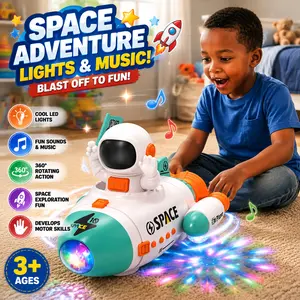 Kids Rocket Toy with LED Lights & Music – 360° Rotating Astronaut Spaceship with Moving Action | Interactive Educational ABS Space Toy Gift for Toddlers Boys & Girls