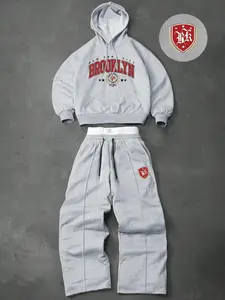 Men's Preppy Casual Two-Piece Sweatsuit Set, Hooded Sweatshirt & Drawstring Trousers, Letter Stars Patterns, Fall Winter Fashion