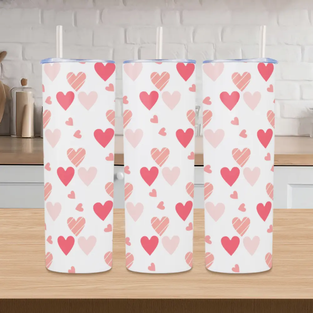 20oz Skinny 304 Stainless Steel Tumbler Pink Red Heart Print Double Wall Vacuum Insulated Travel Mug Leakproof Clear Lid Straw Hot Cold Coffee Water Cup Cute Romantic Aesthetic Car Drinking Tumbler Gift for Women Valentine