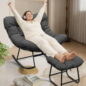 Outdoor Oversized Papasan Rocking Chair with Footrest & Ottoman Sturdy Metal Frame Patio Rattan Egg Rocker for Balcony Backyard Porch Bedroom White