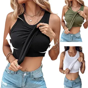 Women's Minimalist Fit Seamless Ribbed Short Tank Top - Solid Round Neck Sleeveless Vest with Built-in Bra, Breathable Clothes, Casual for Spring, Fall, Versatile Occasions