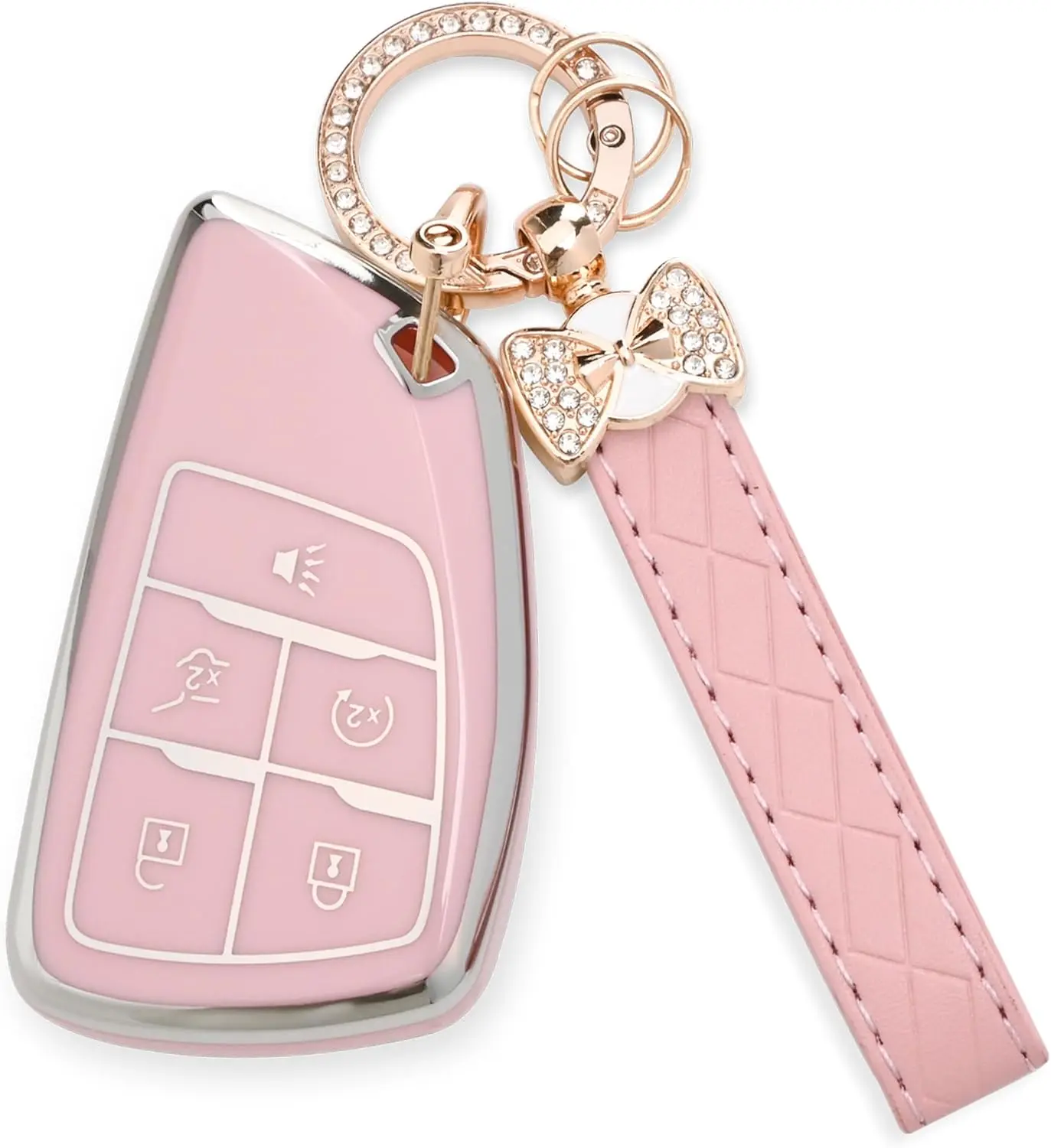 5-Button Signal Safe Chevy Key Fob Cover, Durable Soft TPU Protection Case with Chain, Durable Metal Keychain, Fits Model 2021-2025 Chevy Suburban Tahoe GMC Yukon Denali Silverado Buick Enclave Smart Remote Key Shell (Pink, Gift)