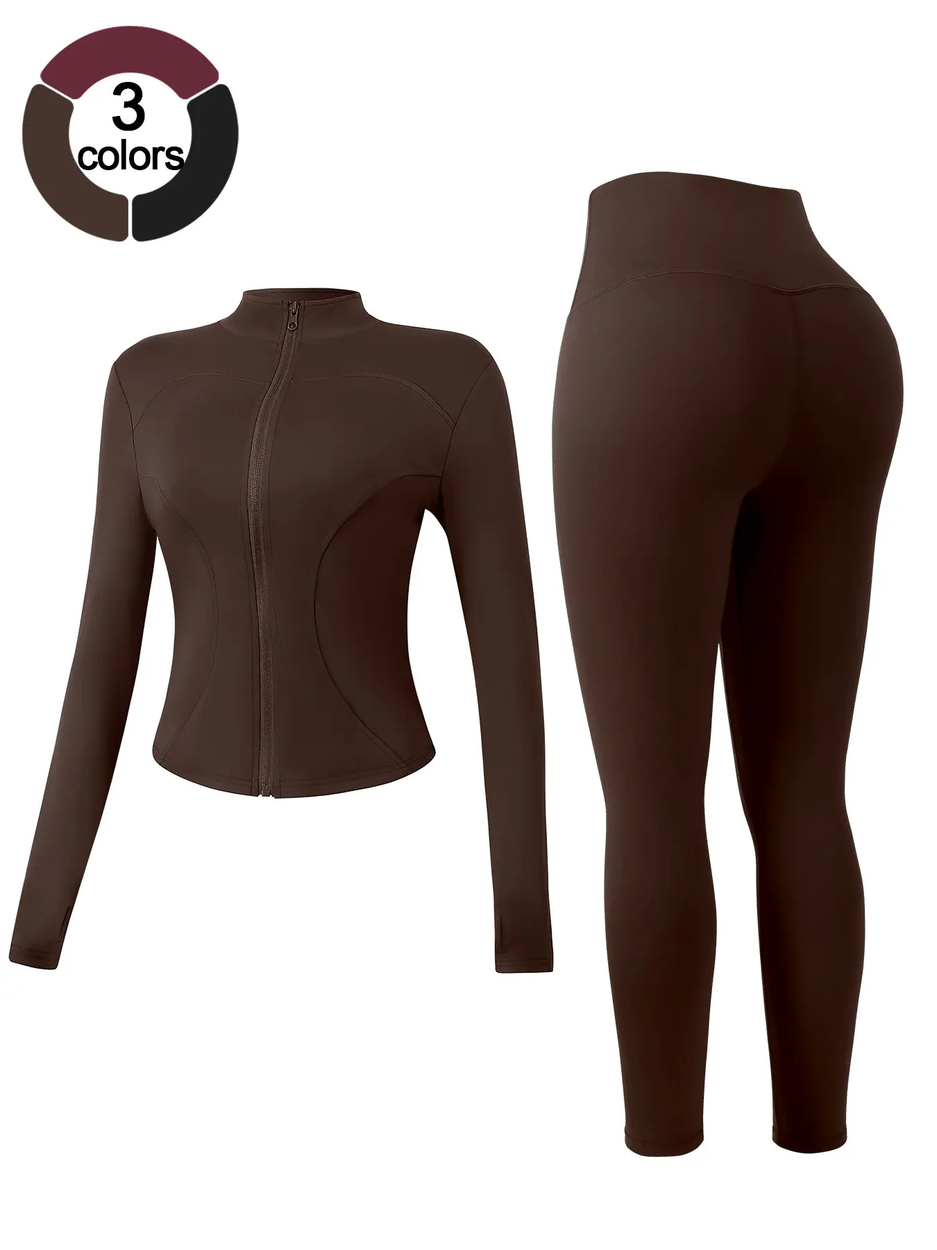 Two Piece Women Sports Set, Fitness Sportswear Set, Zipper Stand Collar Jacket With Thumb Holes Slim Fit Waist Cinching Yoga Leggings, Solid Color Comfortable Breathable Quick Dry Outdoor Running Gym Training Sportswear Set