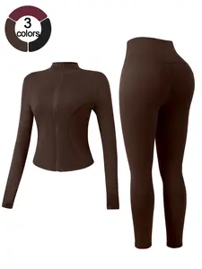 Two Piece Set, Workout Sets, Women Sports Set Zipper Stand Collar Jacket With Thumb Holes Slim Fit Waist Cinching Hip Lifting Yoga Leggings Solid Color Comfortable Breathable Quick Dry Outdoor Running Gym Training Pilates Sportswear Set