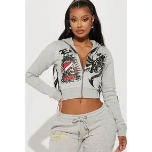 Heart Of Roses Ed Hardy Zip Front Hoodie - Heather Grey Y