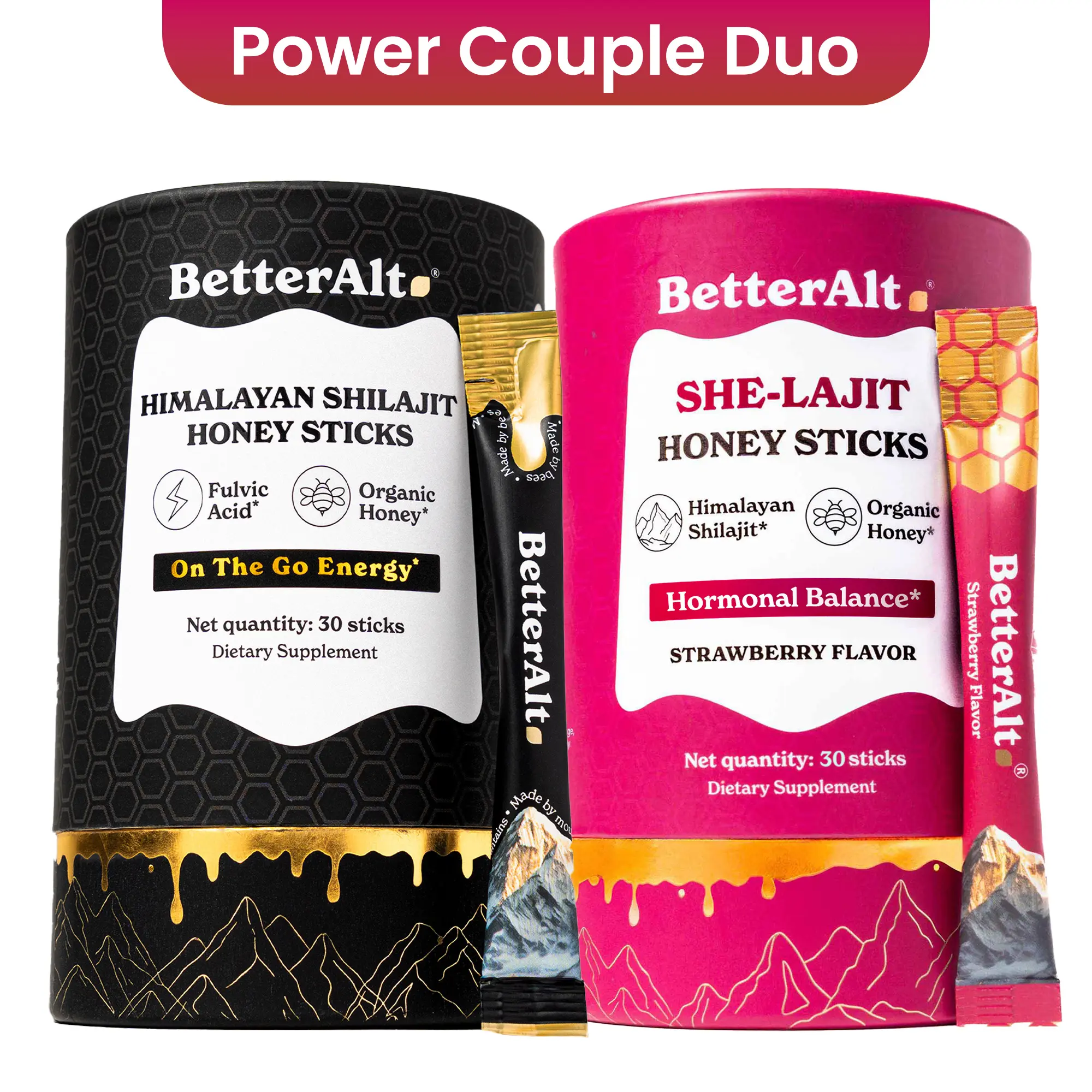 BetterAlt Power Couple Bundle | GOLD+ Shilajit Honey Sticks + She-lajit Honey Sticks for Women | Helps Improve Energy & Stamina | Dietary Supplement