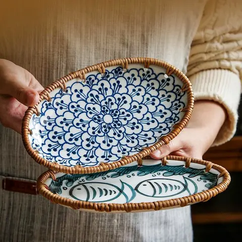 100% handcrafted, hand-painted Japanese Style Rattan Snack Plate serving sushi, finger foods, or other delightful snacks, traditional craft